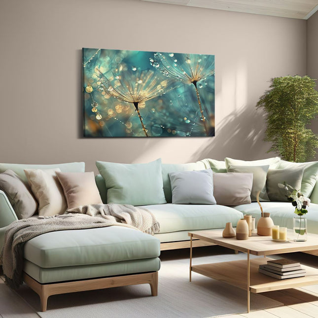 Canvas schilderij woonkamer Close-Up van Paardebloembloemen met Waterdruppels