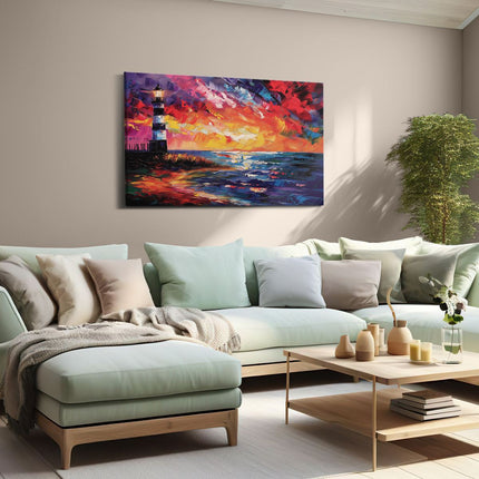Canvas schilderij woonkamer Kunstwerk van een Vuurtoren bij Zonsondergang