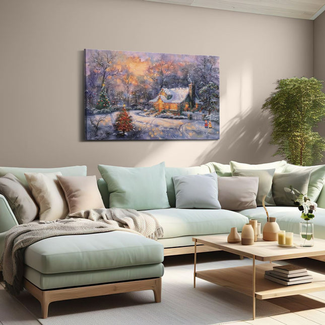 Canvas schilderij woonkamer Kunstwerk van een Kersthuisje in de Sneeuw