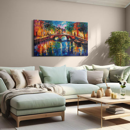 Canvas schilderij woonkamer Kunstwerk van een Gracht bij Nacht