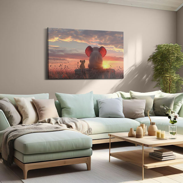 Canvas schilderij woonkamer Olifant en een Leeuw Kijken naar de Zonsondergang