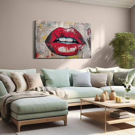 Canvas schilderij woonkamer Rode Lippen op een Krant