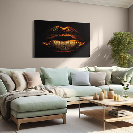 Canvas schilderij woonkamer De Lippen van de Vrouw zijn Goudkleurig Verlicht