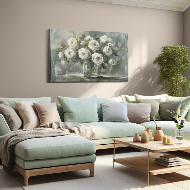 Canvas schilderij woonkamer Witte Rozen in een Vaas