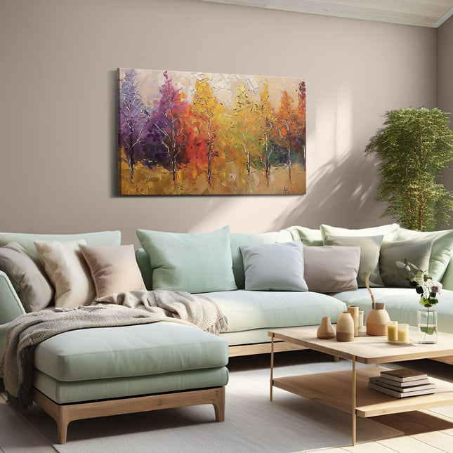 Canvas schilderij woonkamer Oliekunstwerk van Bomen in Herfstkleuren