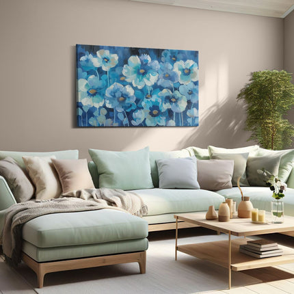 Canvas schilderij woonkamer Blauwe Bloemen op een Zwarte Achtergrond