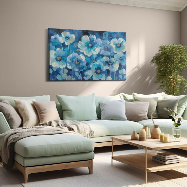Canvas schilderij woonkamer Blauwe Bloemen op een Zwarte Achtergrond