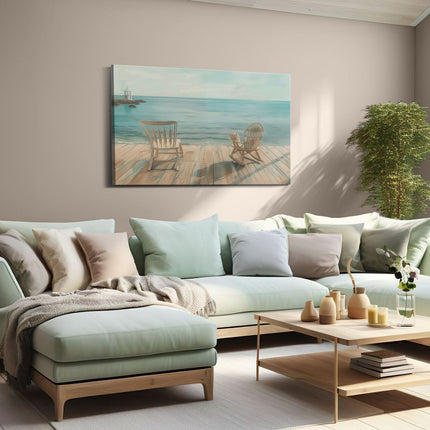Canvas schilderij woonkamer Twee Schommelstoelen op een Houten Terras met Uitzicht op de Oceaan