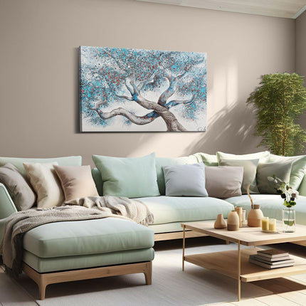 Canvas schilderij woonkamer Kunstwerk van een Boom met Blauwe en Rode Verf