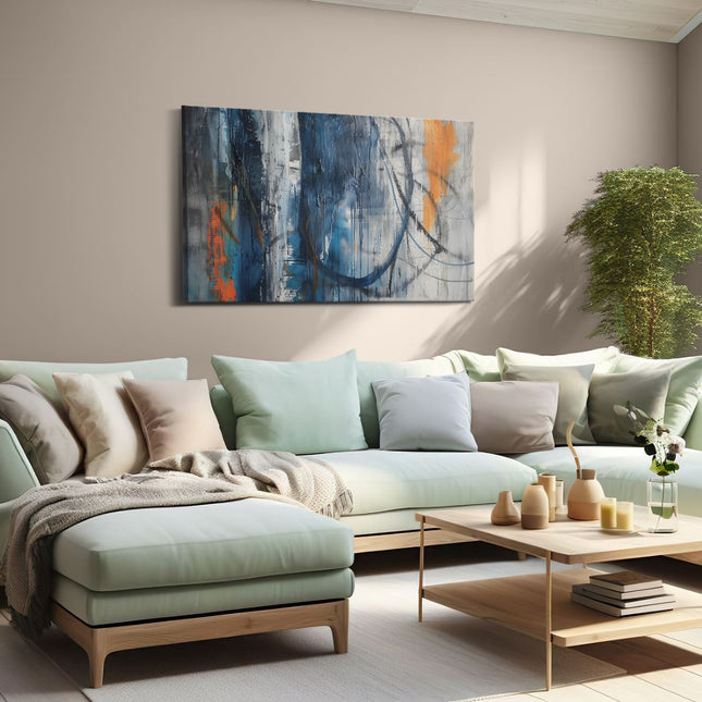 Canvas schilderij woonkamer Abstract Kunstwerk met Blauwe en Oranje Lijnen