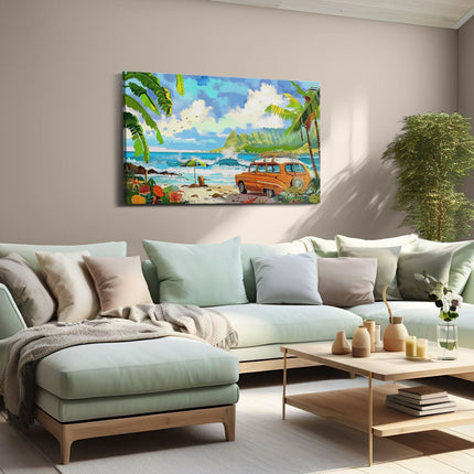 Canvas schilderij woonkamer Oranje Busje Geparkeerd op het Strand