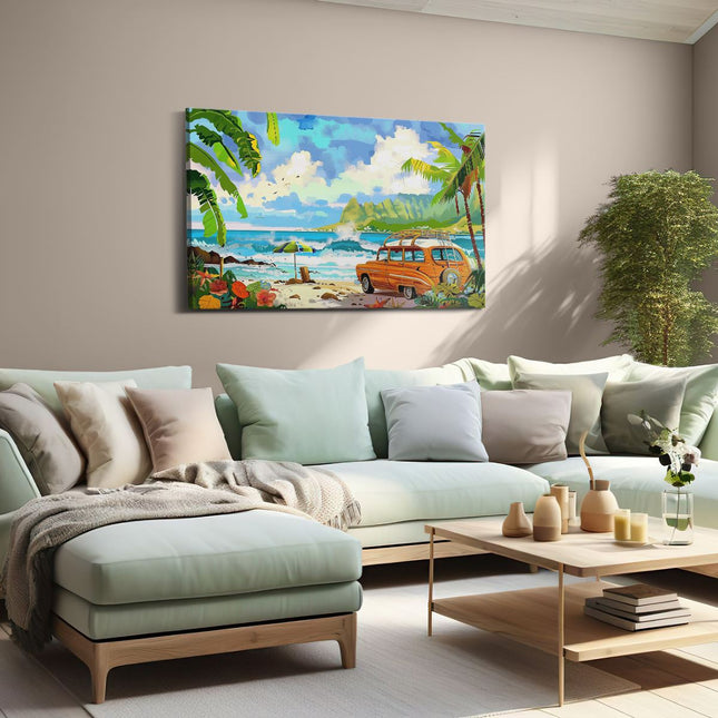 Canvas schilderij woonkamer Oranje Busje Geparkeerd op het Strand