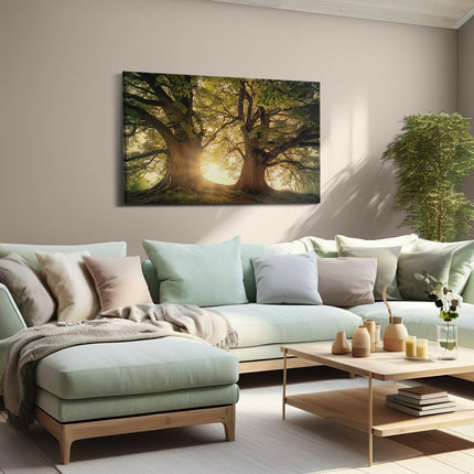 Canvas schilderij woonkamer De Zon schijnt door de Bomen