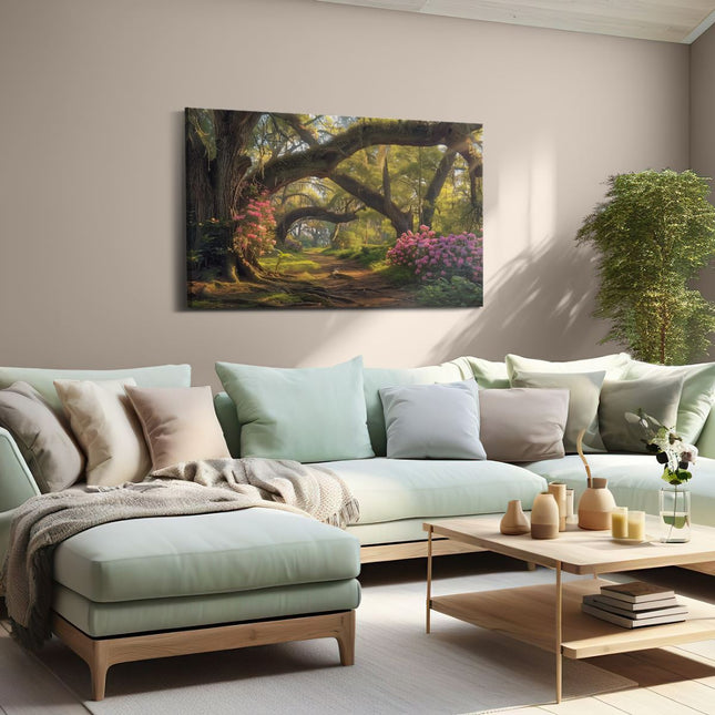 Canvas schilderij woonkamer Pad door een Bos met Bloemen