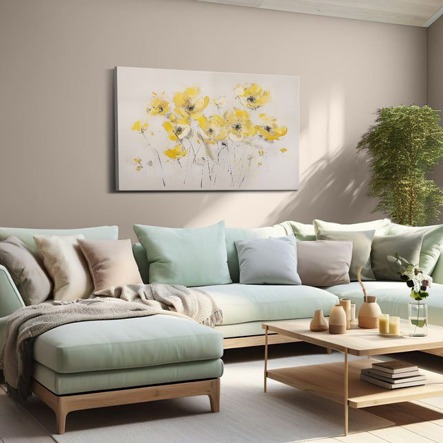 Canvas schilderij woonkamer Kunstwerk van Gele Bloemen op een Beige Achtergrond