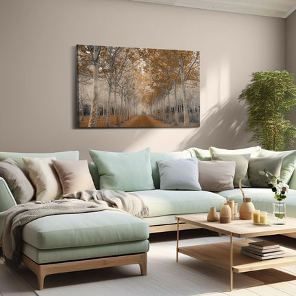 Canvas schilderij woonkamer Weg Omzoomd met Bomen in de Herfst
