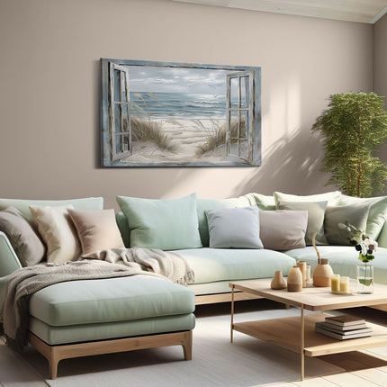 Canvas schilderij woonkamer Open Raam met Meeuwen en Zand