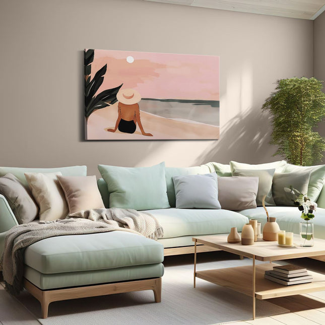 Canvas schilderij woonkamer Vrouw Zittend op het Strand