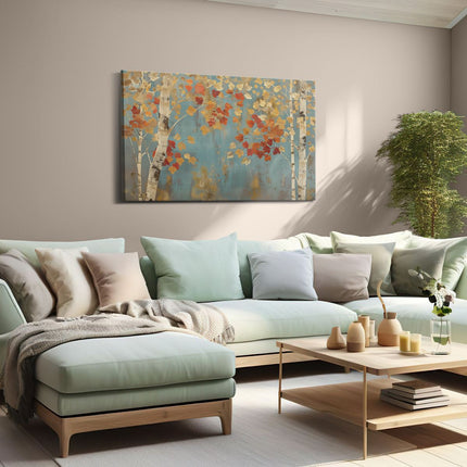 Canvas schilderij woonkamer Berkenbomen met Herfstbladeren op een Blauwe Achtergrond