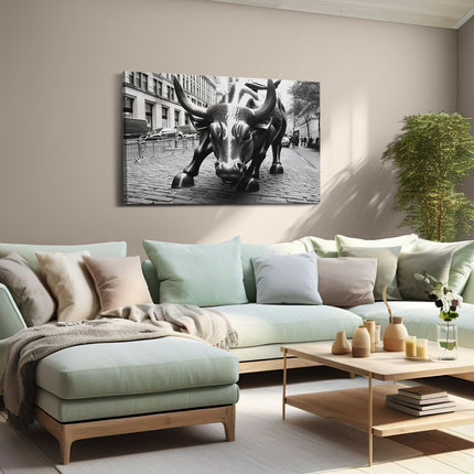 Canvas schilderij woonkamer Zwart Wit Beeld van een Stierstandbeeld