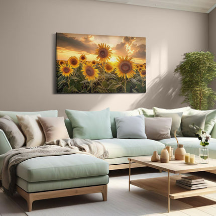 Canvas schilderij woonkamer Zonnebloemen in een Veld bij Zonsondergang