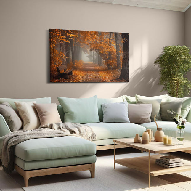 Canvas schilderij woonkamer Bankje in een Mistig Bos