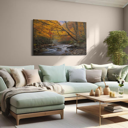 Canvas schilderij woonkamer Stroom Omgeven door Bomen in de Herfst