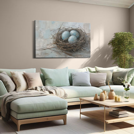 Canvas schilderij woonkamer Drie Blauwe Eieren in een Nest