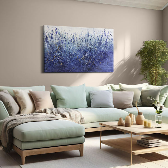 Canvas schilderij woonkamer Blauwe Bloemen in een Veld