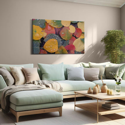 Canvas schilderij woonkamer Kleurrijke Bladeren met Waterdruppels