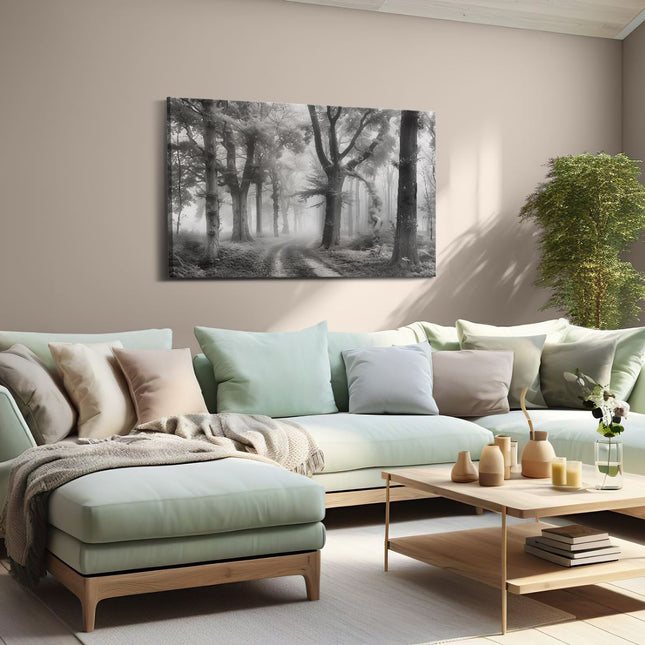 Canvas schilderij woonkamer Zwart Wit Beeld van een Mistig Bos
