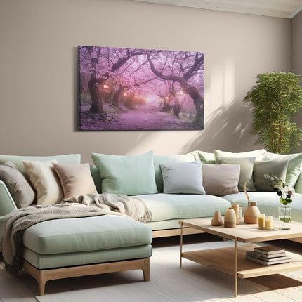 Canvas schilderij woonkamer Sakura Bloeit op een Pad met Lantaarns