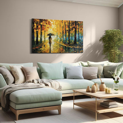 Canvas schilderij woonkamer Vrouw die in de Regen loopt met een Paraplu