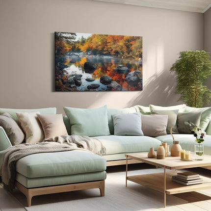 Canvas schilderij woonkamer Rivier Omringd door Bomen en Rotsen