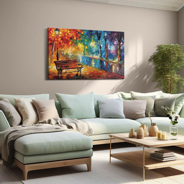Canvas schilderij woonkamer Kunstwerk van een Bankje in een Park
