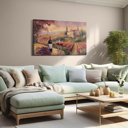 Canvas schilderij woonkamer Kunstwerk van Wijn en Druiven op een Tafel