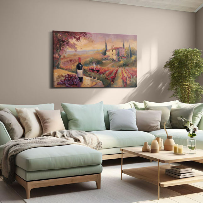 Canvas schilderij woonkamer Kunstwerk van Wijn en Druiven op een Tafel