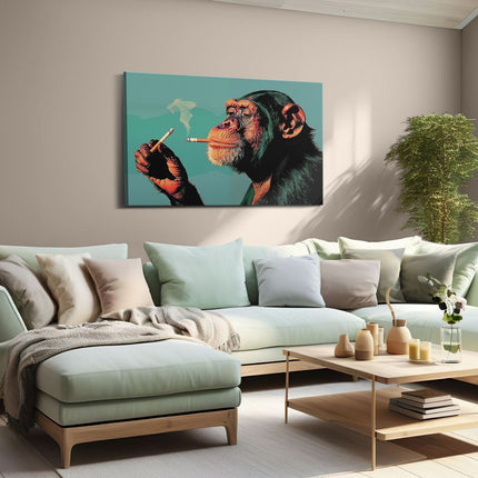 Canvas schilderij woonkamer Chimpansee die een Sigaret Rookt