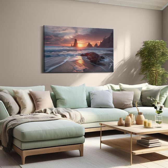 Canvas schilderij woonkamer De Zon gaat onder boven een Strand