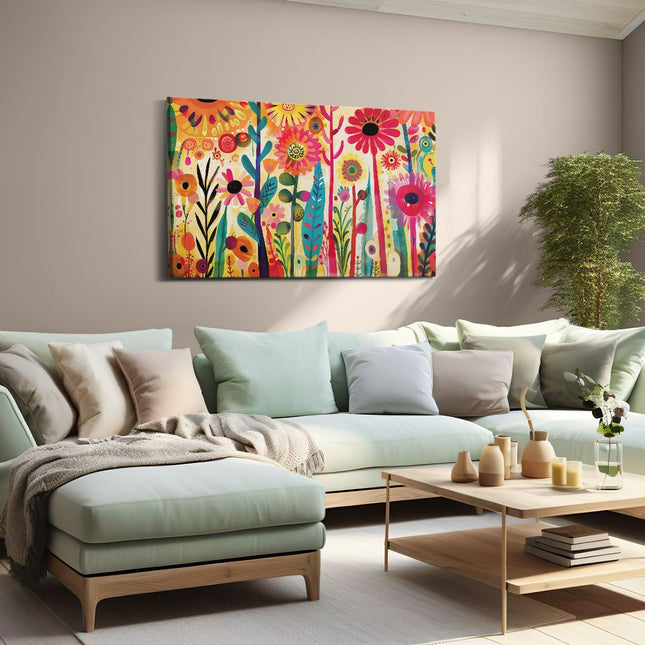Canvas schilderij woonkamer Kleurrijke Bloemen in een Veld
