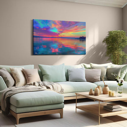 Canvas schilderij woonkamer Kleurrijke Zonsondergang over een Watermassa