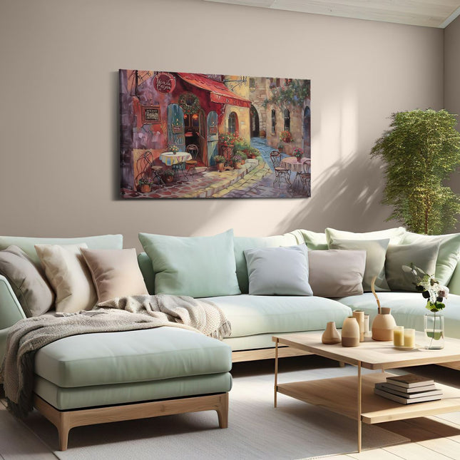 Canvas schilderij woonkamer Kunstwerk van een Café met Tafels en Stoelen