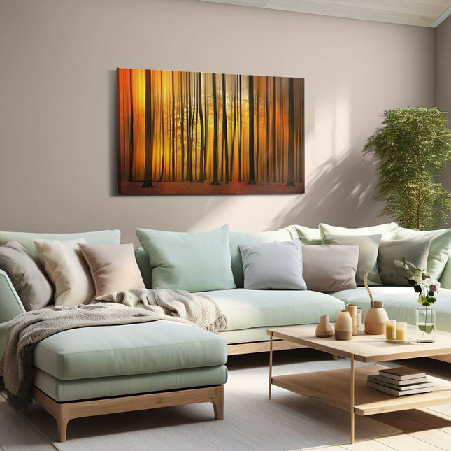 Canvas schilderij woonkamer Bos van Bomen bij Zonsondergang