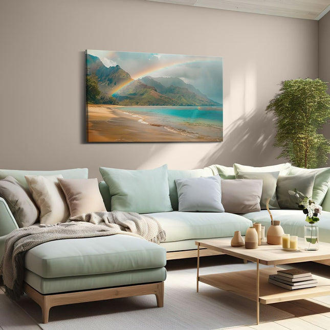 Canvas schilderij woonkamer Regenboog boven een Strand in Hawaï