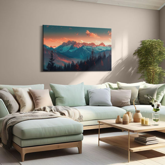 Canvas schilderij woonkamer Bergketen bij Zonsondergang