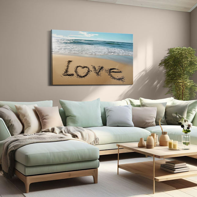 Canvas schilderij woonkamer Het Woord Liefde is Geschreven in het Zand op een Strand