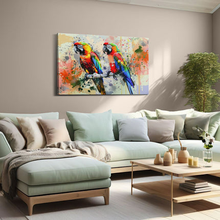 Canvas schilderij woonkamer Twee Kleurrijke Papegaaien op een Tak