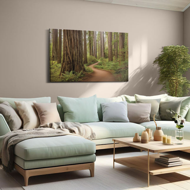 Canvas schilderij woonkamer Pad door een Sequoiabos