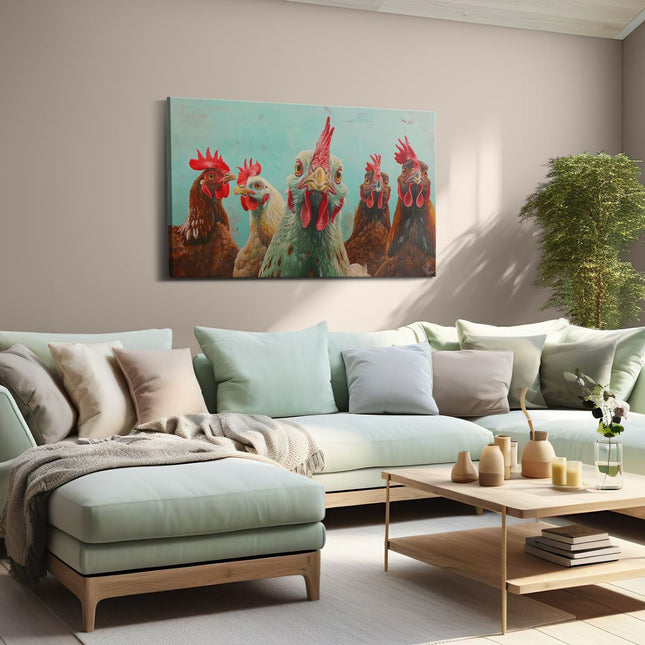 Canvas schilderij woonkamer Kunstwerk van een Groep Kippen