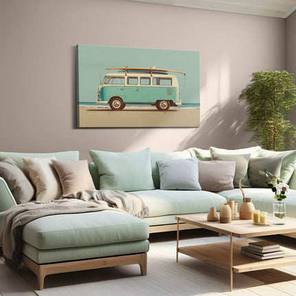Canvas schilderij woonkamer Vw Bus met een Surfplank Erop